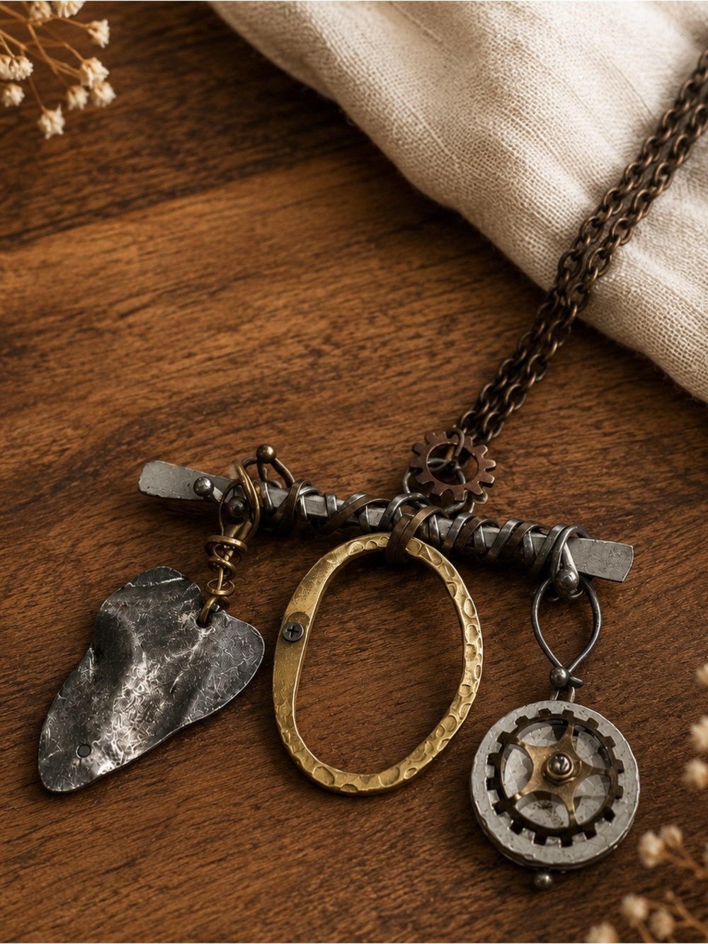 Steampunk Industrial Statement Necklace | Mixed Metal Artisan Assemblage Pendant